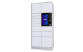 The Cleveron 302, a modular indoor parcel locker system in white, featuring an integrated touchscreen interface and multiple compartment sizes for automated package pickup.