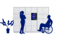 A silhouette of a woman and a person in a wheelchair positioned next to the Cleveron 302 to provide a clear sense of scale. The comparison demonstrates the locker's compact design and reachable interface for all users.