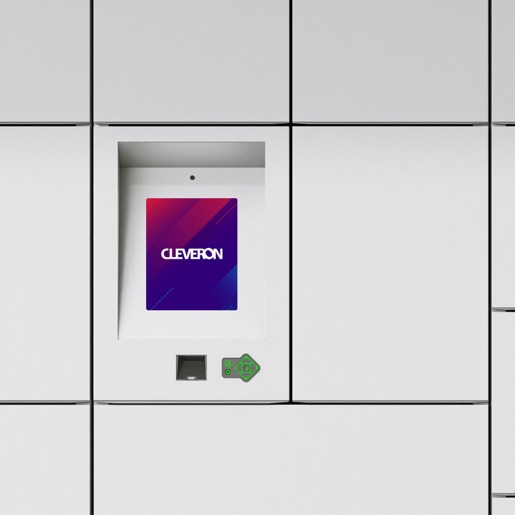 Close-up of the Cleveron 355 outdoor parcel locker's 12.1-inch intuitive touch screen, enabling users to retrieve packages easily.