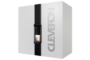 Side view of the Cleveron 402 parcel robot with lights on and package inside, designed for wall installation. It is the world's fastest parcel locker, capable of dispensing one package in under 10 seconds