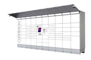 Cleveron 352 outdoor parcel terminal in side view on a transparent background