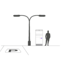 A man stands next to the Cleveron 351 parcel locker located in the parking lot, with a streetlight beside it, indicating an outdoor parcel locker. Beside the parcel locker stands an average-height man, giving an idea of the Cleveron 351 parcel locker's height