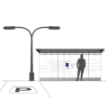 A man stands next to the Cleveron 352 parcel locker located in the parking lot, with a streetlight beside it, indicating an outdoor parcel locker. Beside the parcel locker stands an average-height man, giving an idea of the Cleveron 351 parcel locker's height